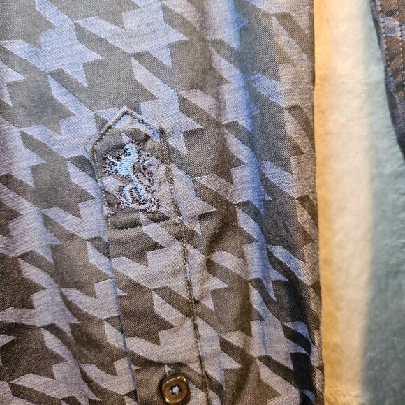 BUGATCHI dress shirt Mens L chest 44 geometric blue black shaped fit flip cuff - Picture 11 of 16